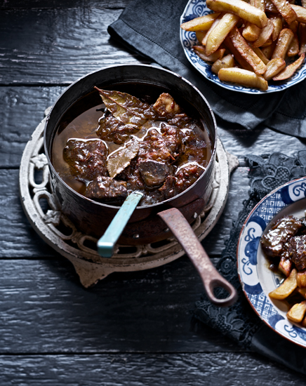 Beef stew with beer, oregano, roasted garlic and apple syrup