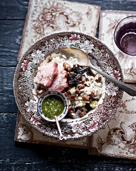 Risotto with bacon and beans and rosemary pesto and syrup